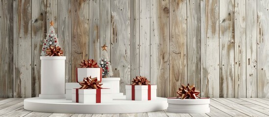 Poster - Trendy white podiums showcasing Christmas gift boxes with festive ribbons for Noel greeting cards on a wooden background with copyspace image
