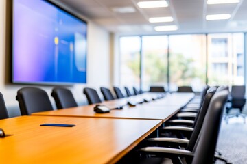 Modern conference room with a large table, ergonomic chairs, and a screen, ideal for meetings and presentations.