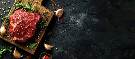 Poster - Top view of a raw beef steak on a wooden board against a black background with spices ideal for a web design banner showcasing organic healthy fresh food concept and featuring copy space image