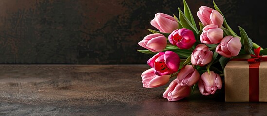 Leinwandbilder - A Mother s Day greeting card with tulips and a gift displayed on a table accompanied by copy space for adding personalized text