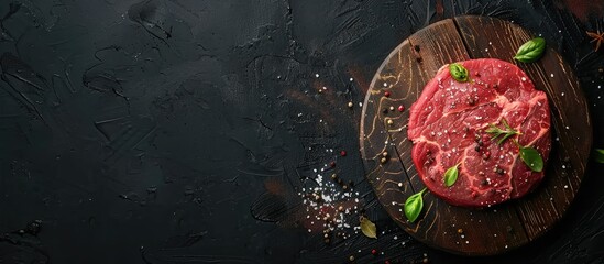Poster - Top view of a raw beef steak on a wooden board against a black background with spices ideal for a web design banner showcasing organic healthy fresh food concept and featuring copy space image