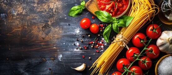 Poster - Items required to prepare authentic Italian spaghetti includes fresh tomatoes garlic and basil with ample space for customization in the dish