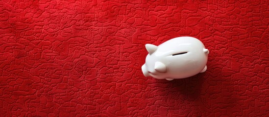 Poster - Top view of a white piggy bank on a red surface with available copy space image