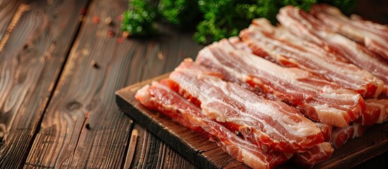 Poster - Uncooked pork belly slices on a wooden table for Chinese New Year dishes with space for text or images. Creative banner. Copyspace image