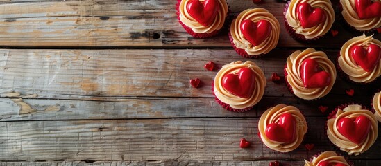 Aufkleber - Valentine s Day themed small cupcakes with red heart decorations arranged on a wooden surface embodying a sweet holiday concept Overhead view with copy space image