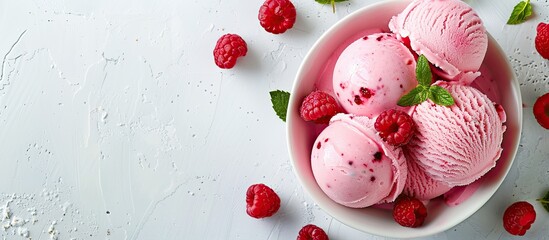 Poster - A top view of pink ice cream with raspberries on a white table offering copy space for text in a horizontal background setting