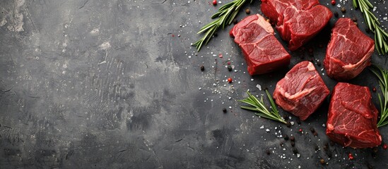 Fresh beef cuts arranged on a grey table creating a flat lay composition with a designated copy space image