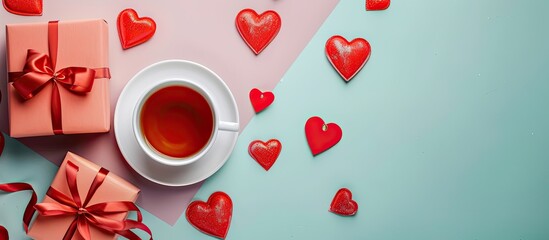Poster - Valentine s Day gifts and a cup of tea on a colored background with room for text making it a copy space image