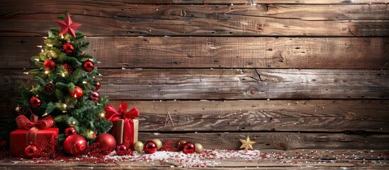 Poster - Festive Christmas tree decorations set against a rustic wooden backdrop with copy space image