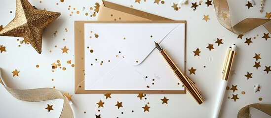 Aufkleber - White background featuring a blank note surrounded by an envelope ribbon confetti pen and golden glitter stars with copy space image