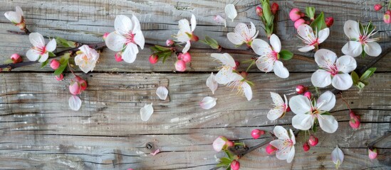 Leinwandbilder - Spring branches with white pink blossoms on a wooden background form a rustic composition on a vintage textured table Close up top view with copy space image