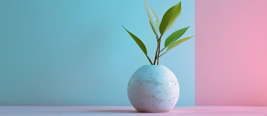 Poster - Spring concept depicted with a gypsum vase displaying fresh leaves sprouting against a pastel pink and blue backdrop perfect for a copy space image