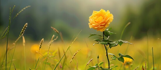 Canvas Print - A yellow rose in a field with copy space image