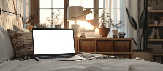 Poster - A mockup image showing a woman using a laptop with a blank screen in a cozy bedroom at home with copy space image