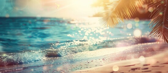 Poster - An abstract background featuring a tropical beach with blurred bokeh sunlight waves signifies an outdoor summer vacation with a vintage color tone filter effect and room for copy space image