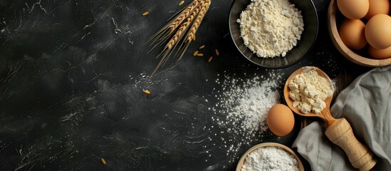 Canvas Print - Top view of a recipe template with black background offering space for additional images or text