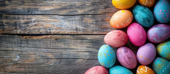 Aufkleber - Easter eggs in a variety of bright colors displayed on a wooden background with copy space image