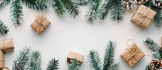 Poster - Festive Christmas decor featuring fir branches gift boxes creating a charming holiday backdrop suitable for a flatlay copy space image