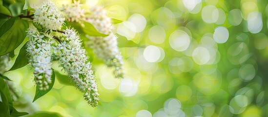 Sticker - White spirea branches in bloom against a blurred green backdrop with room for text Copy space image