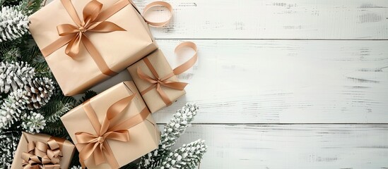 Leinwandbilder - Handcrafted gift boxes with ribbons lie beside a fir tree on a white wooden table background creating a festive scene with copy space image