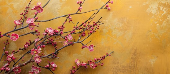 Leinwandbilder - Plastic cherry blossom and plum branches staged artfully against a gold backdrop in a copy space image