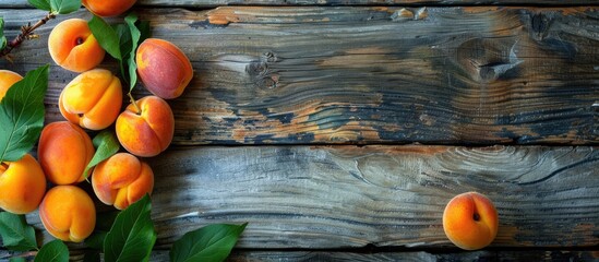Aufkleber - Fresh apricots displayed with leaves on a wooden surface providing copy space image along with other diverse summer fruits all seen from above