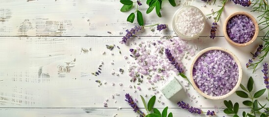 Poster - White wood table with beauty product samples and bath salt featuring fresh lavender and evergreen leaves creating a serene copy space image