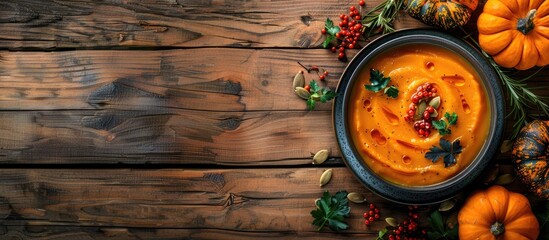 Aufkleber - Plate of creamy roasted pumpkin soup with fresh pumpkins and seeds on wooden backdrop presenting a copy space image