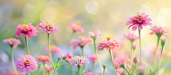 Poster - Tall pink Zinnia elegans flowers in garden ideal as a gift with a copy space image