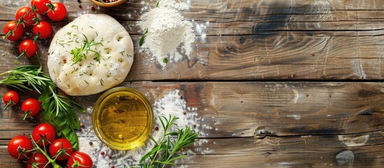Poster - Italian focaccia bread ingredients like flour olive oil yeast seasonings salt tomatoes herbs and greens beautifully displayed on a wooden table with space for text or design in the image