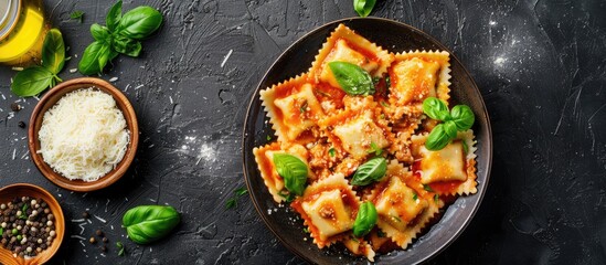 Poster - Italian favorite dish featuring ravioli stuffed with beef mozzarella red sauce Parmesan and parsley Homemade spinach and cheese pasta with copy space image