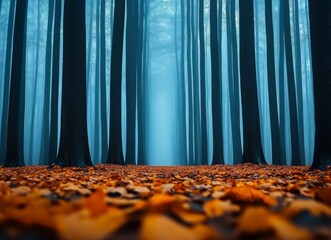 A misty autumn forest with tall trees and fallen leaves on the ground.