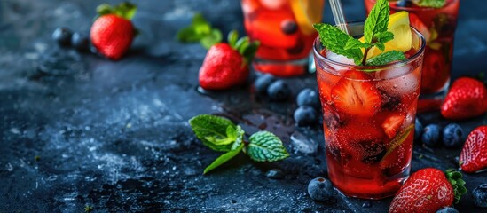 Aufkleber - Refreshingly summer strawberry lemonade drink with fresh berries and mint on a dark backdrop with available copy space image