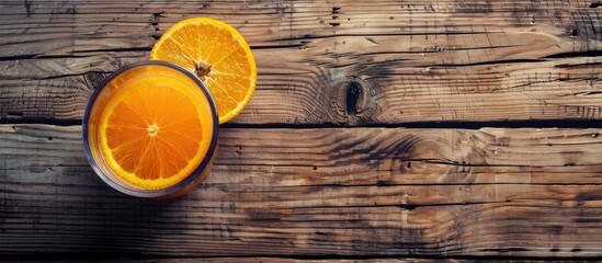 Poster - Orange juice with copy space image on wooden table over rustic background