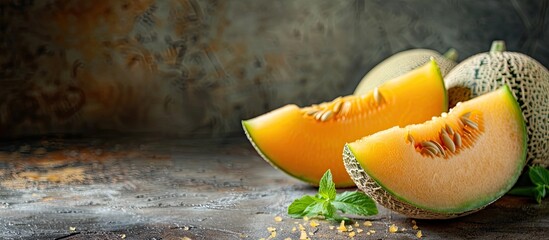 Aufkleber - Fresh Charentais melon a sweet fruit suitable for dessert or a snack elegantly displayed on a table with a food background allowing for copy space image