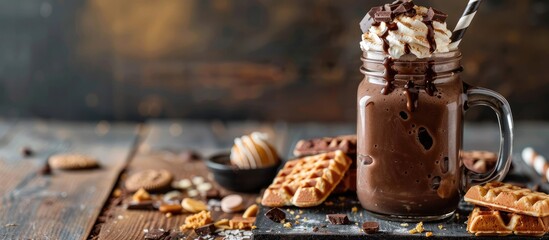 Poster - Indulgent chocolate milkshake topped with whipped cream cookies and waffles in a mason jar Sweetly extravagant treat with a unique presentation featuring a copy space image