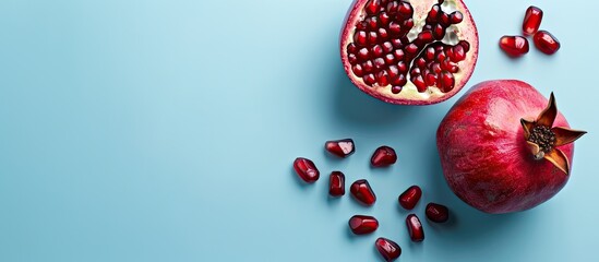 Poster - Copy space image featuring whole and cut pomegranate fruit on a light blue background in a square layout
