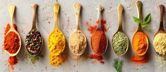 Poster - Various vibrant herbs and spices like turmeric dill paprika cinnamon saffron basil and rosemary displayed in a spoon on a light brown stone surface creating an Indian spices copy space image