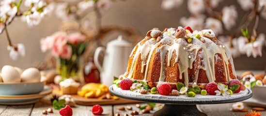 Aufkleber - Festive homemade Easter kulich cake displayed on a table featuring a copy space image with a backdrop of various healthy meal options and holiday treats