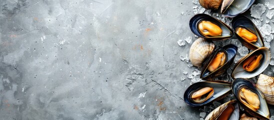 Poster - Mussels and clams arranged on textured background with copy space image for text