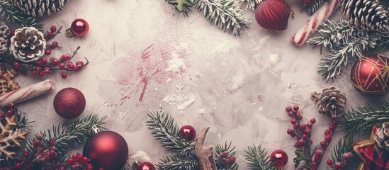 Poster - A festive holiday themed photo featuring red and white decorations like fir branches gingerbread and ornaments shot from above with a vintage filter and an empty copy space image