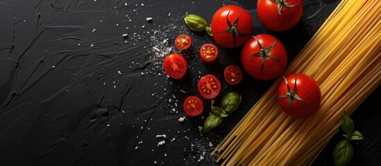 Poster - Red tomatoes and spaghetti on a black background with a copy space image available