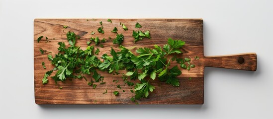 Poster - Rectangular cutting board adorned with parsley leaves on a white background featuring copy space image