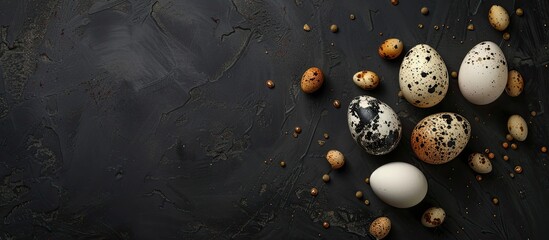 Poster - Elegant chicken and quail eggs with decorative elements on a black backdrop ideal for a copy space image
