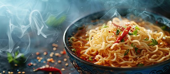 Aufkleber - Traditional Asian noodles floating in savory broth with copy space image for presentation