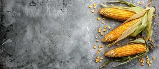 Poster - Yellow corn cobs arranged on a gray table with a copy space image