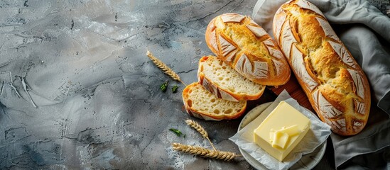 Poster - Freshly baked cheese bread accompanied by butter displayed in a copy space image