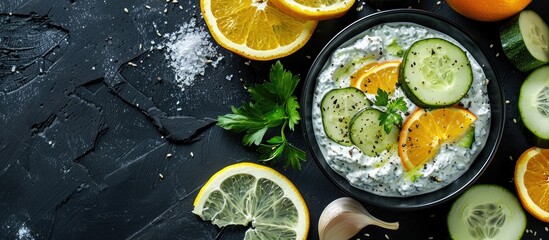 Poster - Top view of a Greek yogurt dip with cucumber slices oranges and garlic all beautifully presented on a black background with ample copy space image