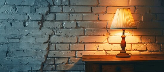 Poster - A lit lamp on a wooden table near a white brick wall creates a cozy ambiance in a dimly lit room with a copy space image