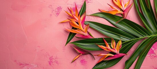 Aufkleber - A vibrant flat lay design featuring heliconia flowers and leaves on a pink vintage backdrop ideal for a web banner with copy space image